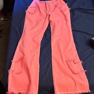Pink Frayed Wide-Leg Jeans